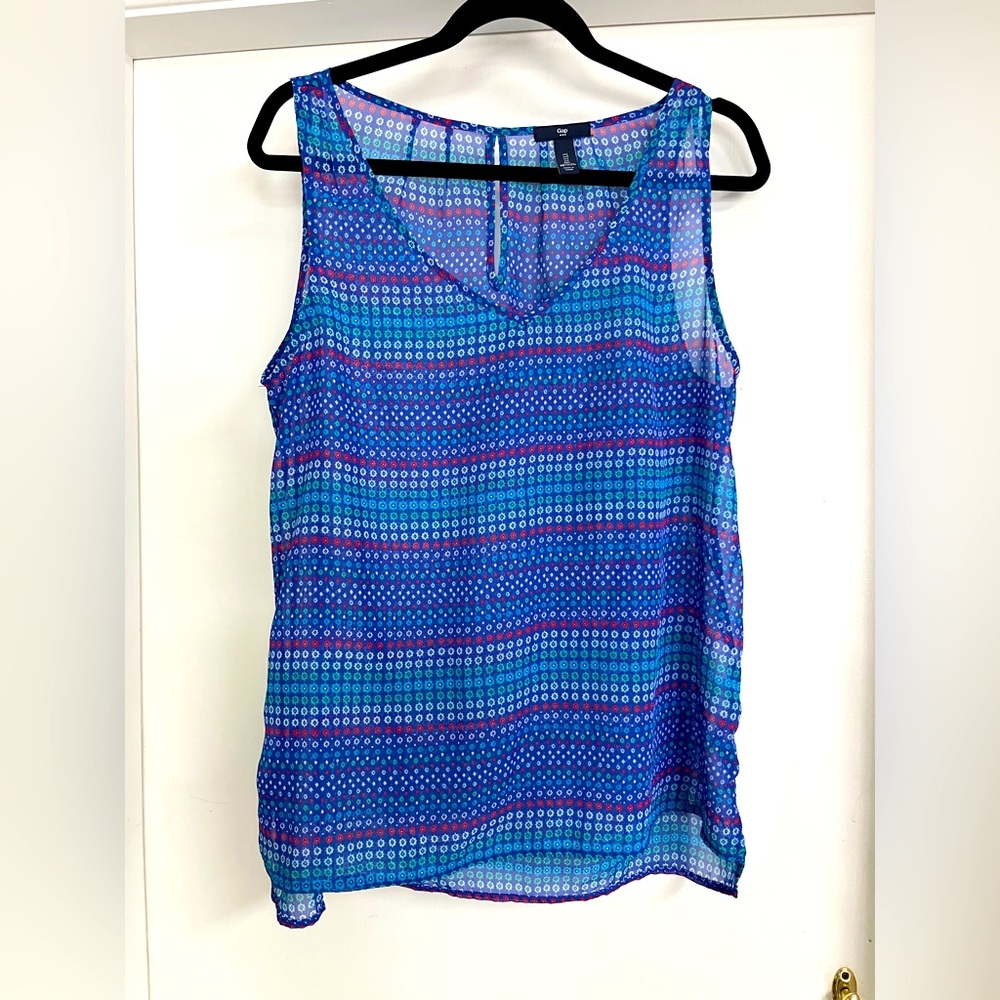 GAP Sleeveless blouse v neck,  royal blue multicolor.  Sz large